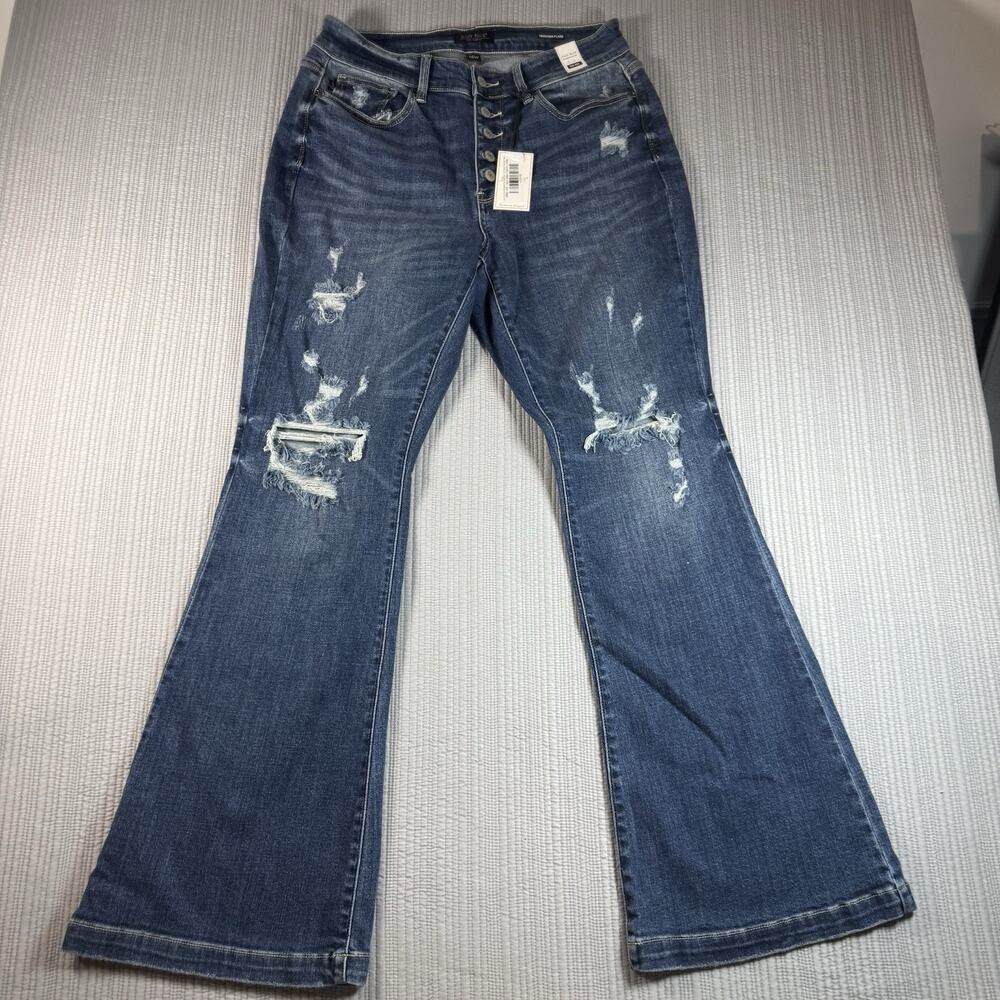 NWT Judy Blue Jeans Women 14W Jasper Trouser Flare Button Fly Distress Cool Girl